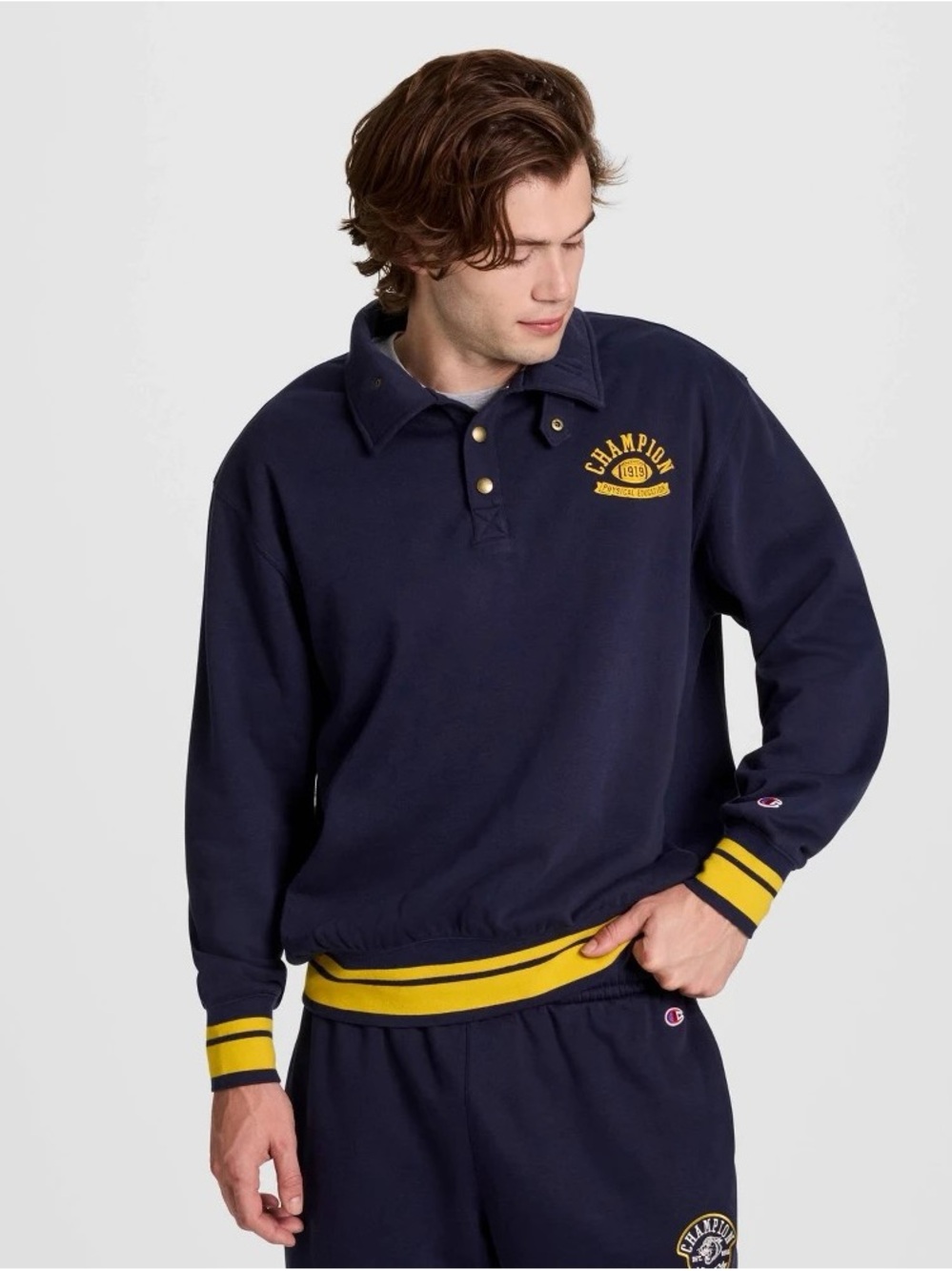Champion Navy Pullover Rugby Sweatshirt with Yellow Trim b207